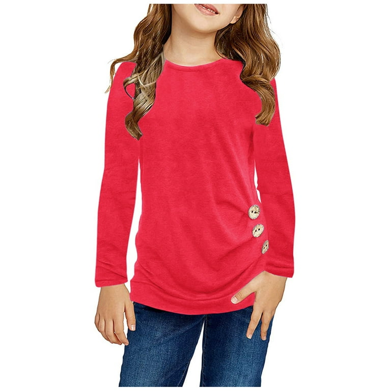 JDEFEG 14 Clothes Kids Girls Fashion Top Shirt Solid Color Button Casual  Tunic Tops Long Sleeve Loose Crewneck Blouse T-Shirts Tee Dressy Tops Girls  Cotton Blend Red Xxl 