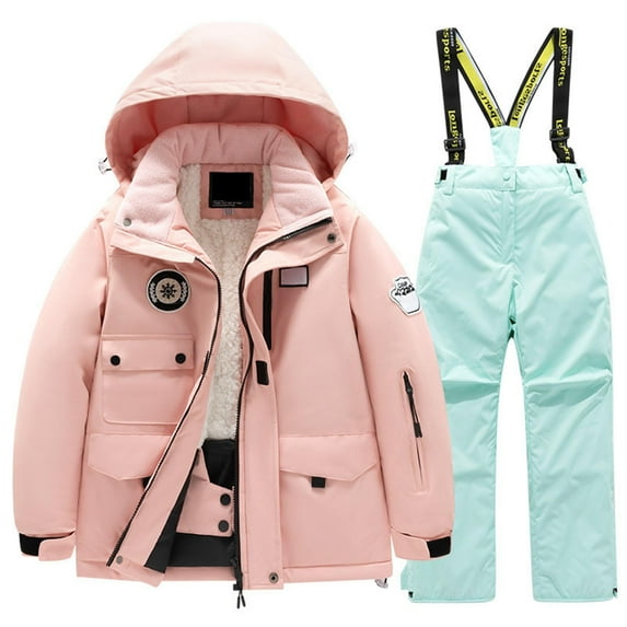 JDEFEG 2 Pcs Winter Thickened Ski Suit Multi Pocket Hooded Jackets Overalls Pants Winter Windbroof Snowboarding Warm Snow Suits Unisex Jackets Set Mint Green Size 14