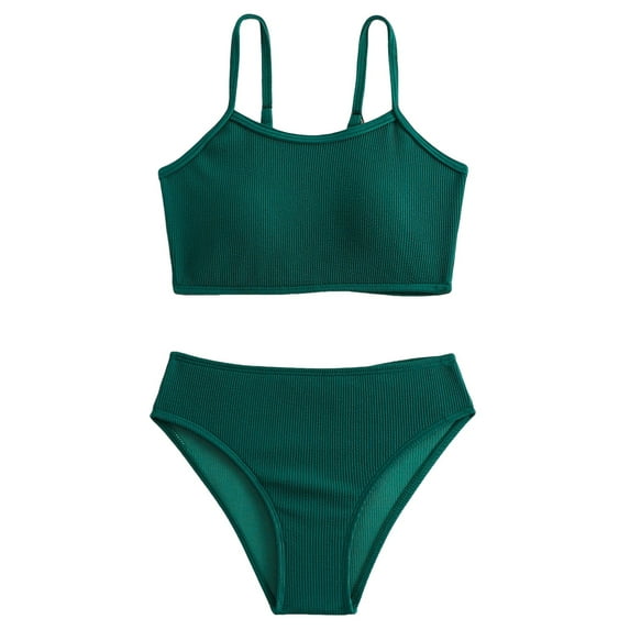 JDEFEG 2Pcs Girls' Swimwear Summer Beach Tankini Cute Bathing Suits 7-14 Years Old Middle and Older Girls Bikini with Bra Pads Two Piece Swimsuit Green Size 150