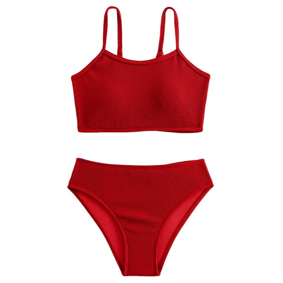 JDEFEG 2Pcs Girls' Swimwear Summer Beach Tankini Cute Bathing Suits 7-14 Years Old Middle and Older Girls Bikini with Bra Pads Two Piece Swimsuit Red Size 150