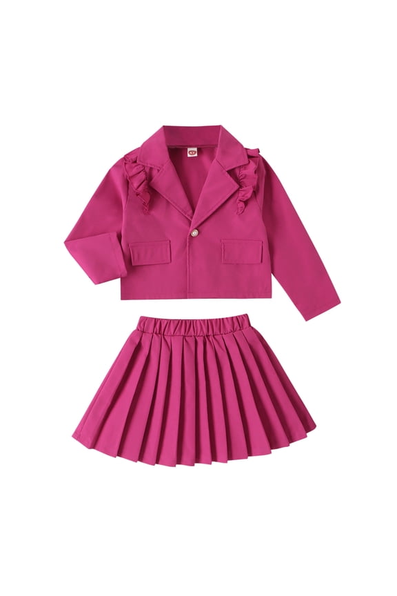 2Pcs Toddler Girls Dress Suits Winter Long Sleeve Solid Color Fashion Ruffles Coat Skirt Outfits Clothes Set Little Girls Clothes Hot Pink Size 5Y