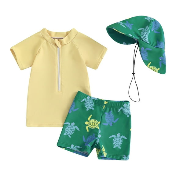 JDEFEG 3Pcs Boys Swimsuits with Hat Rash Guard Kids Water Sport Short Swimsuit Baby Swimsuit Short Sleeve Swimwear Boy Swim Trunk Set Toddler Bathing Suit Yellow Size 24M