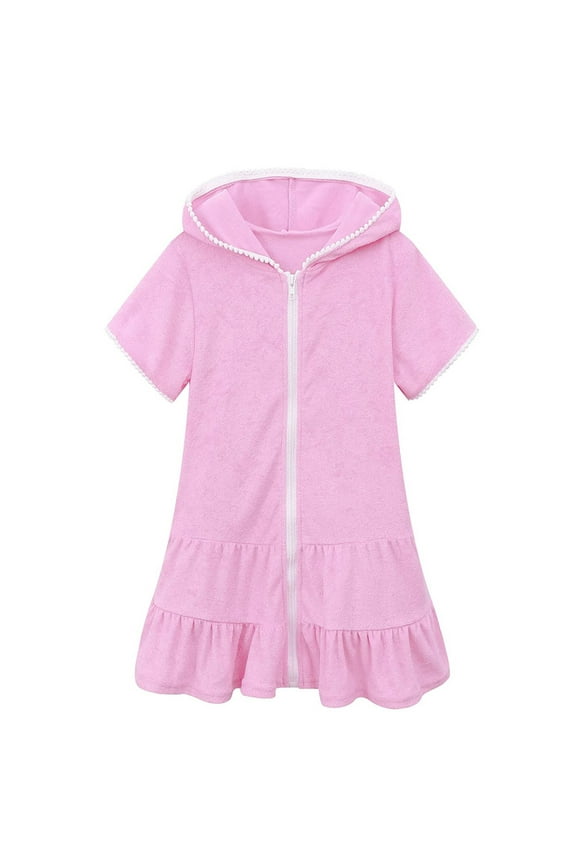 7-8 Girls Clothes Little Girls Swim Cover Up Kids Swimsuit Coverup Zip Up Beach Bathing Suit Hooded Bathrobe Absorbent Beach Dress Off Shoulder Dress for Girls Cotton Pink 130