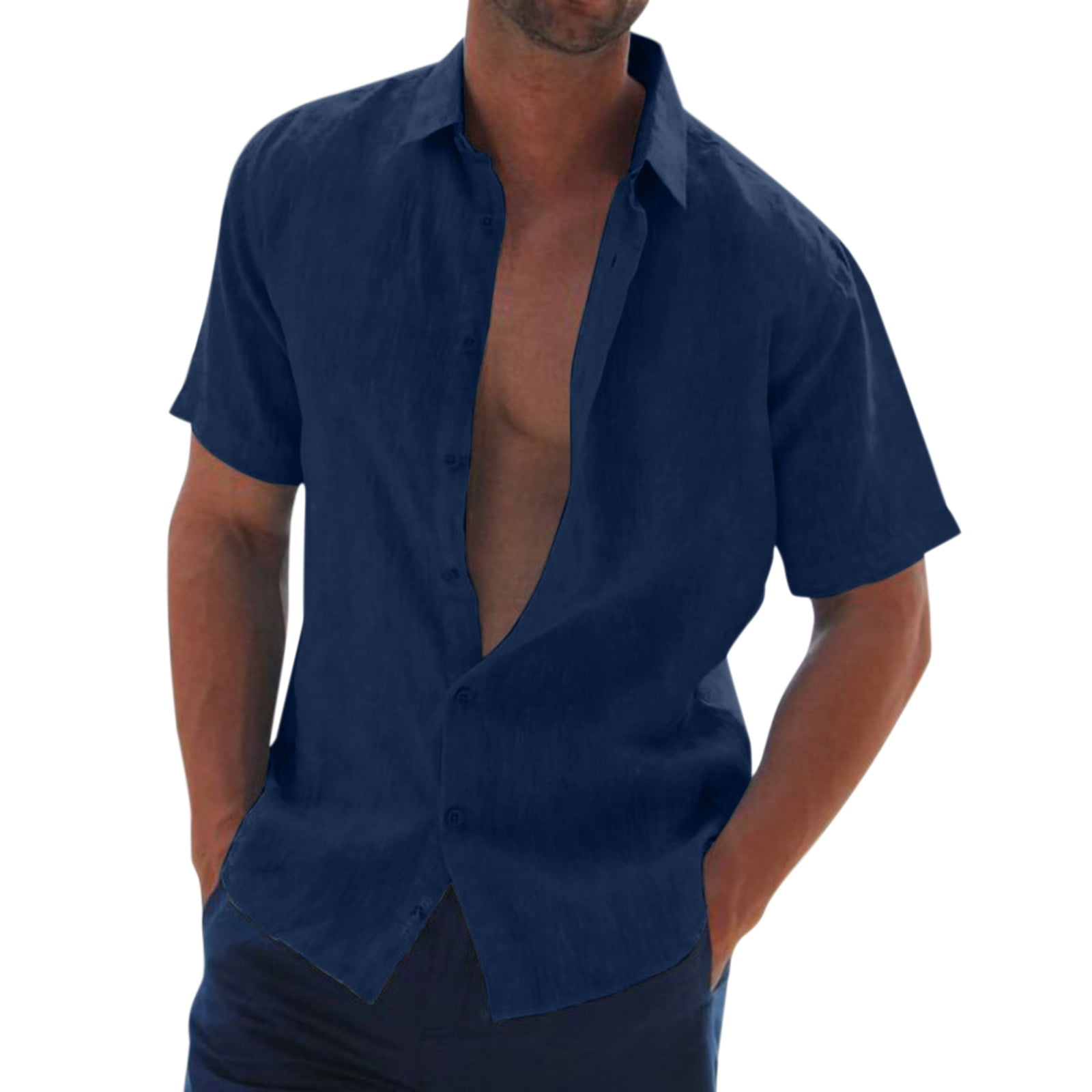 JDEFEG 70S Shirts Men Male Casual Solid Shirt Short Sleeve Turn Collar  Shirt Button Formal Shirt Long Sleeve Thin Shirt Men Cotton Black Xxxl 