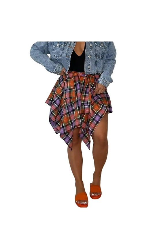 80S Skirt Womens Casual Plaid Belt Skirt Splice Skirt Irregular Hem Split Elastic Waist Skirt Teacher Skirts Fun Shorts Skirts for Women Purple Xxl
