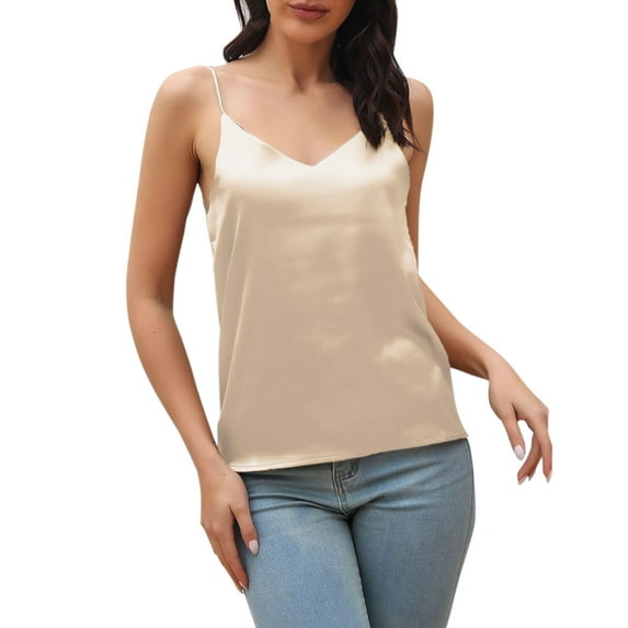 Fsqjgq Apparel Shirt Womens Silk Satin Tank Top V Neck Sling Camisole Top Loose Sleeveless Shirt Tank Top Crop Workout Girls Undershirts Polyester,Spandex,Cotton Beige Xl