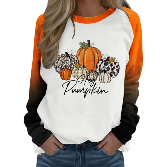 JDEFEG Autumn Winter Womens Casual Simple Tops Raglan Sleeve Pumpkin Printed Sweatshirt Womens Long Sleeve Crewneck Sweatshirt for Women Orange Size Xl