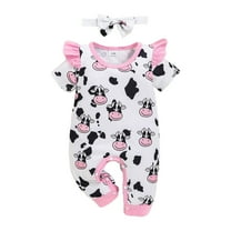 JDEFEG Baby Clothes Girl Romper Toddler Girl Cow Print Cotton Pant Sets Baby Girl Romper Spring Summer Outfit Short Sleeve Spliced Jumpsuit Headband Outfits White 9-12 Months