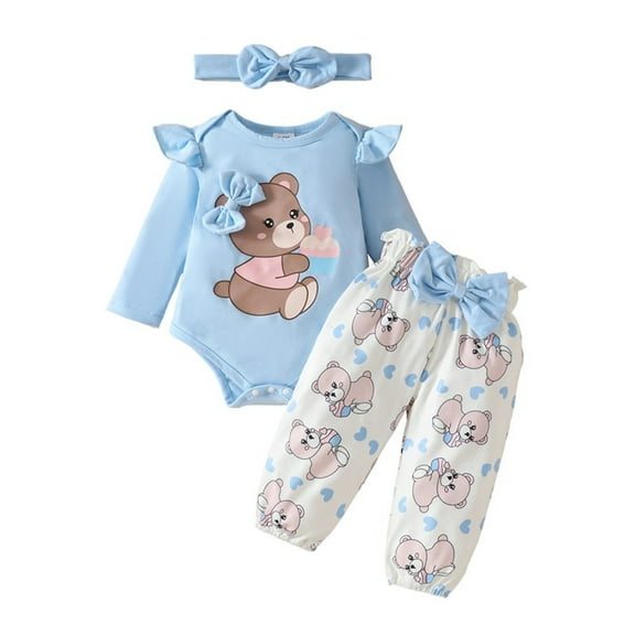 JDEFEG Baby Girl Clothes Set Long Sleeve Romper Pants Set Cute Baby Clothes for Girls Fall Winter Alphabet Print Crawling Pantsuit Includes Headband for 0 to 18 Months Sky Blue 9-12 Months