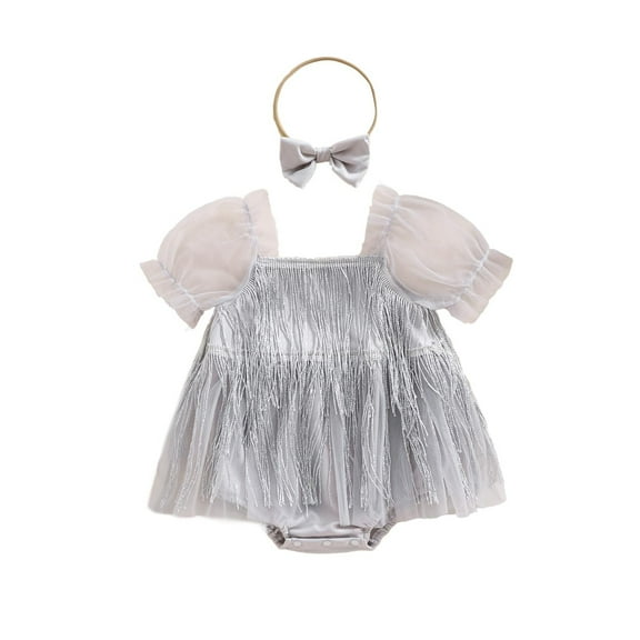 JDEFEG Baby Girl Clothes Summer Outfits Sequin Fringe Romper Dress Sparkling Tassel Puff Sleeve Tulle Skirt Headband Cute Toddler Girl Clothes Gift Set Baby Girls Outfits Silver Size 100