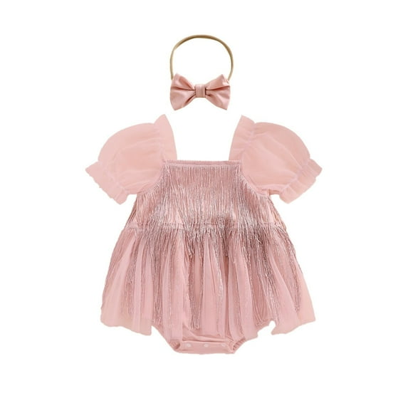 JDEFEG Baby Girl Clothes Summer Outfits Sequin Fringe Romper Dress Sparkling Tassel Puff Sleeve Tulle Skirt Headband Cute Toddler Girl Clothes Gift Set Baby Girls Outfits Pink Size 90