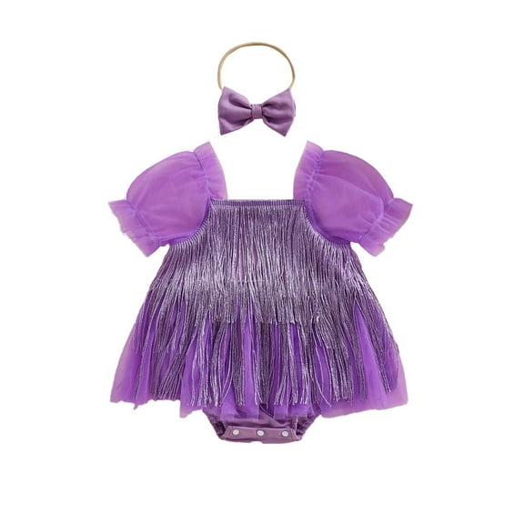 JDEFEG Baby Girl Clothes Summer Outfits Sequin Fringe Romper Dress Sparkling Tassel Puff Sleeve Tulle Skirt Headband Cute Toddler Girl Clothes Gift Set Baby Girls Outfits Purple Size 80