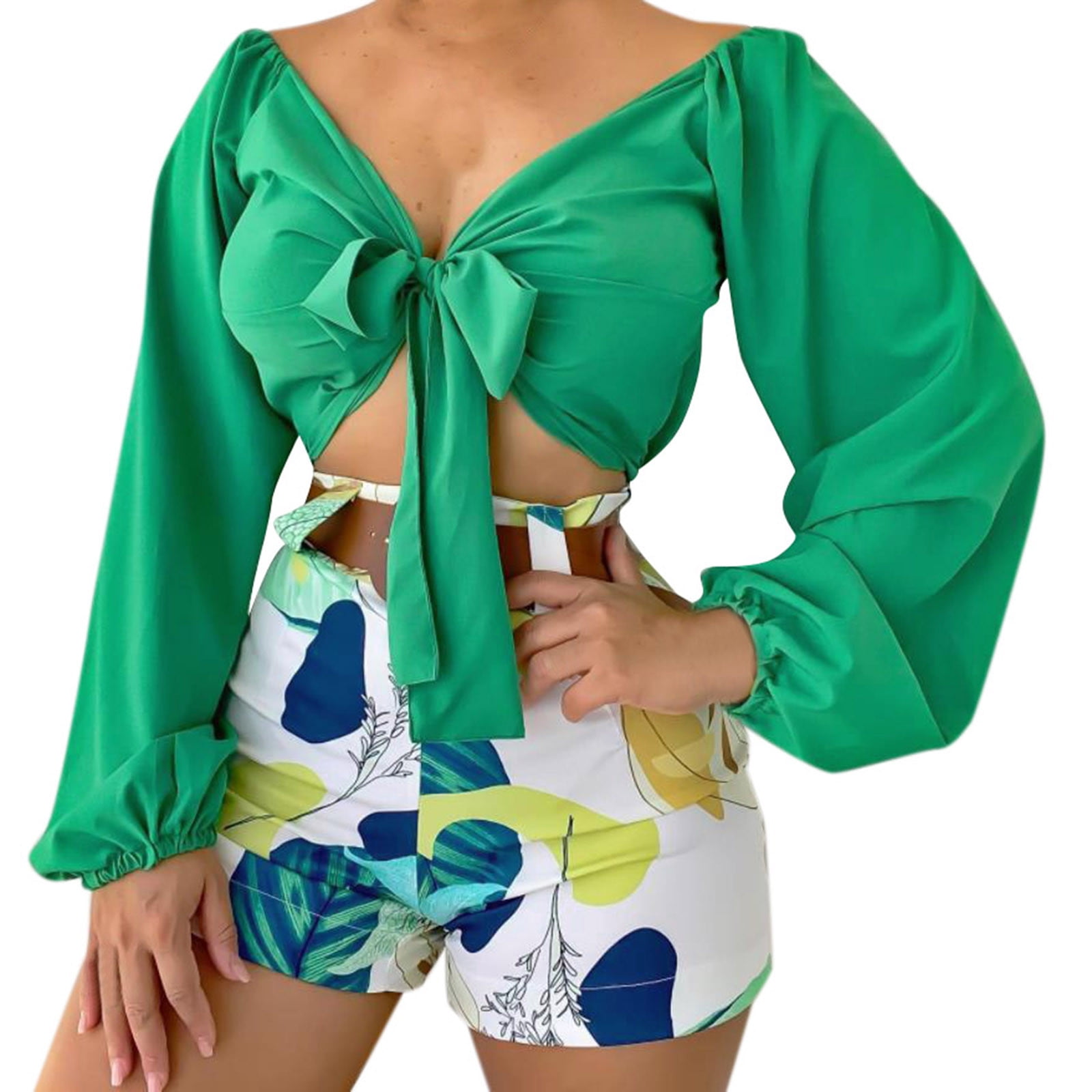 JDEFEG Bathing Suit Material Women S 2 Piece Casual Outfit Sets Long Sleeve  Shirt and High Waisted Print Shorts Set Women's Swimming Shorts with