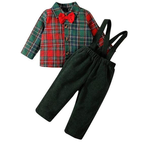 JDEFEG Boy Easter Outfit Toddler Boy Clothes Plaid Baby Boy Clothes Baby Shirt Top Suspender Pants Set Outfit 12 Month Boy Shirt Polyester Green 9M