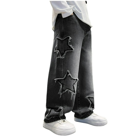 JDEFEG Boys' Cargo Pants Vintage Wide Leg Jeans Straight Leg Denim Pants Low Rise Baggy Jeans Teenagers Fashion Overalls Ripped Jeans Jogger Pants Black Size 120