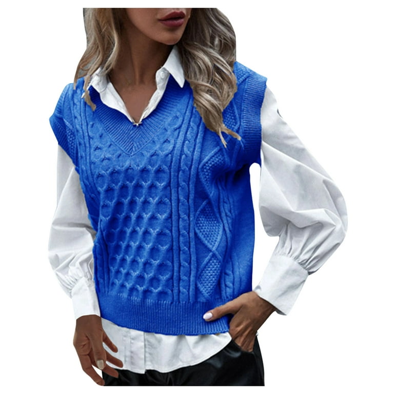 JDEFEG Cable Knit Coat Women's Sweater Vest Preppy Style Knitwear Tank Top  Sleeveless V-Neck Vintage Sweaters Temperament Vest Girl Stocking Milk  Fiber Blue Xxl 
