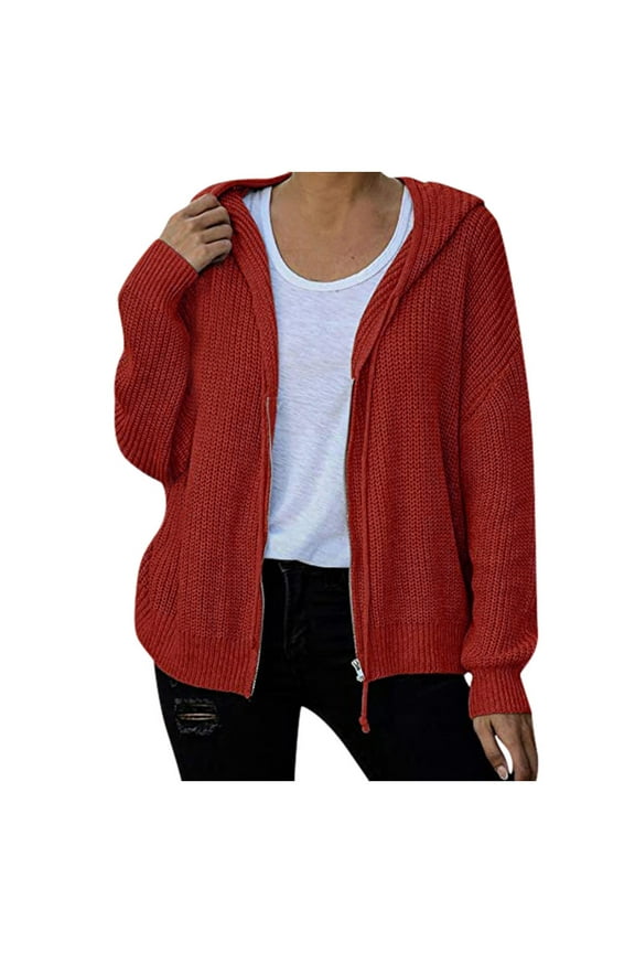 Cardigan Plus Size Coat Jacket Knit Hooded Sweater Women's Cardigan Zipper Thick Big Sweater Plus Size Short Cardigan for Women Polyester Red M