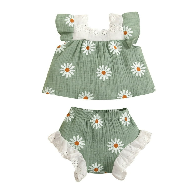 JDEFEG Clothes for Two Year Old Girl Baby Girls Summer Sleeveless Lace  Linen Cotton Daisy Floral T Shirts Tops Ruffle Shorts Outfits Clothes Set  Long