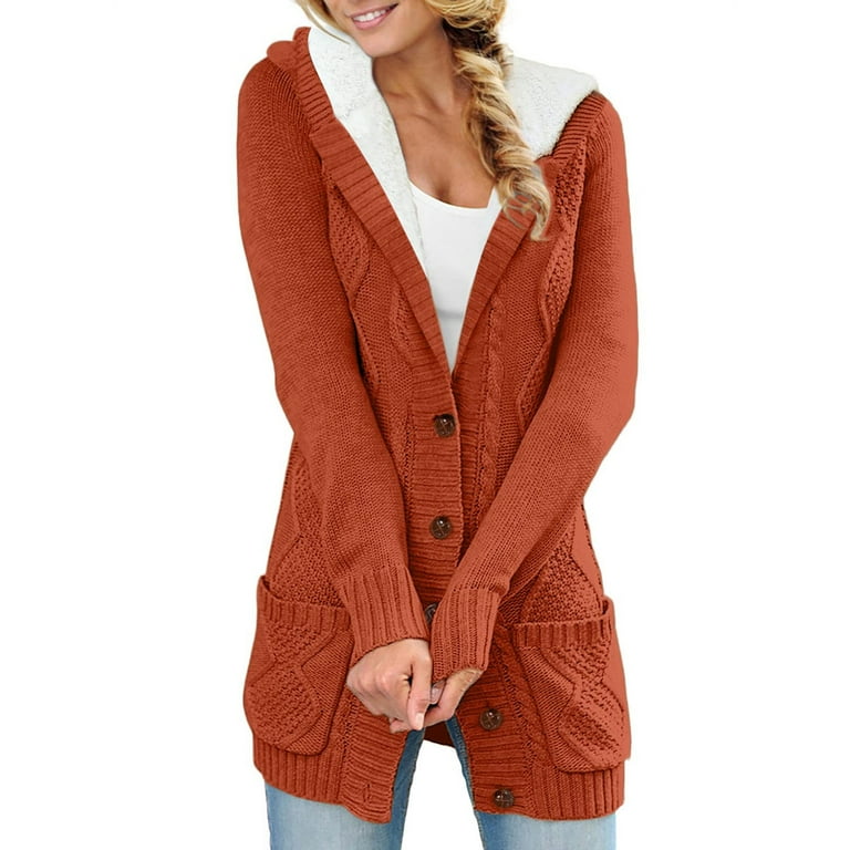 JDEFEG Cotton Emporium Cardigan Women s Solid Color Knitted Cardigan Button Sweater Loose Thickened Hooded Jacket Dusters for Women Orange Xl Walmart