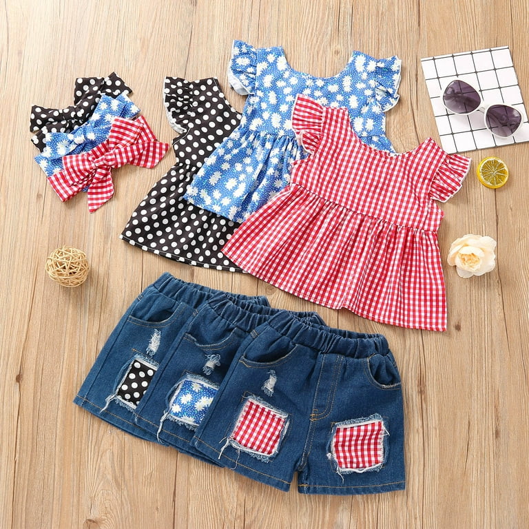 JDEFEG Cute Girls Clothes for Teens Girls Denim Toddler Tops+Ripped Outfits  Ruffled Floral Baby Summer Button Shorts Girls Outfits&Set Cute Baby