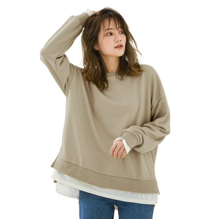 JDEFEG Distressed Sweatshirts Plus Size Womens Casual Long Sleeves  Sweatshirt Tops Crew Neck Lightweight Tunic Fall Pullovers Plus Size Clothes  Women Polyester Khaki Xl 