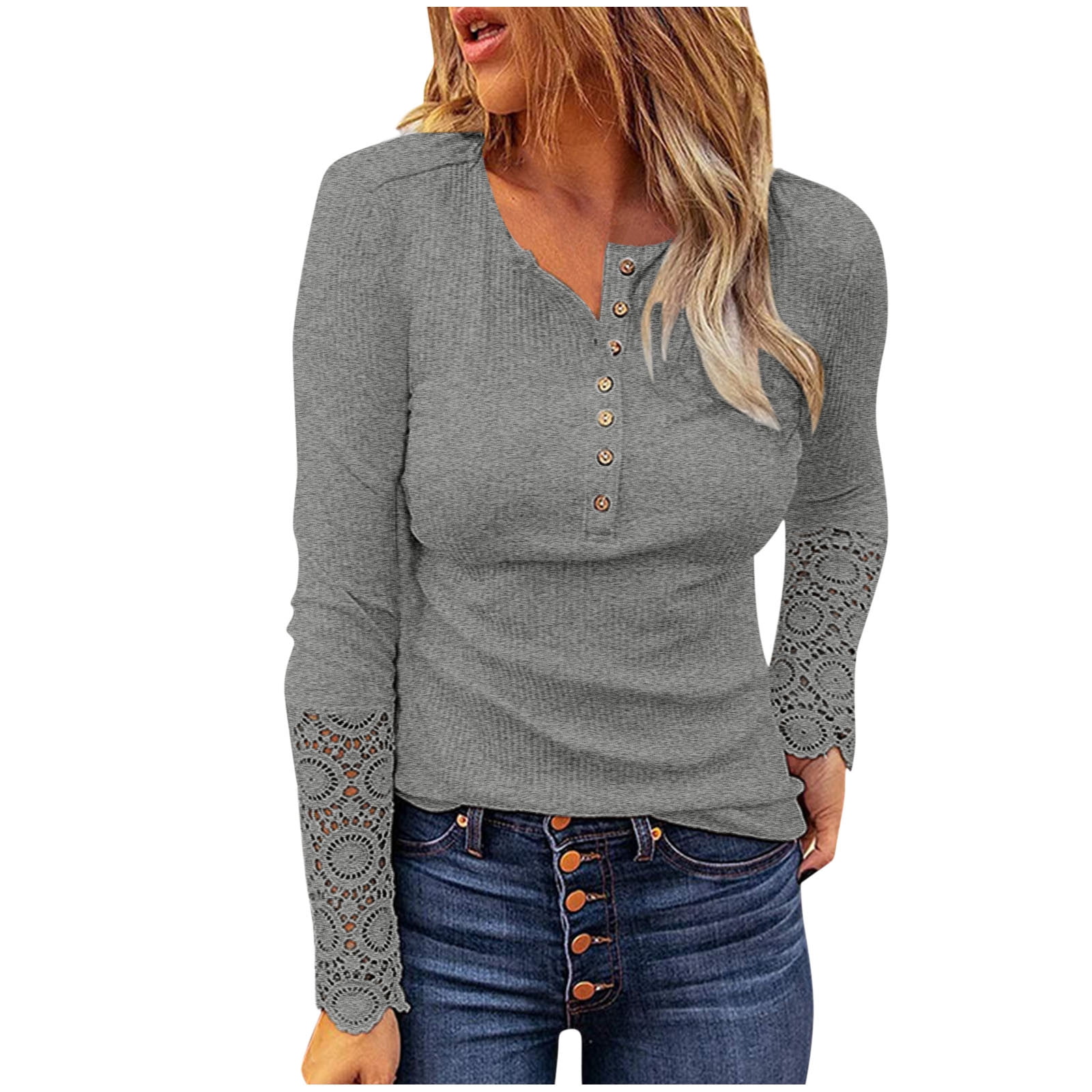 JDEFEG Extra Long Womens T Shirts Tunic Sleeve Button Shirt Front Long Lace V Neck Shirt Undershirt Buttoned Women s Women s Blouse Womens Plain V