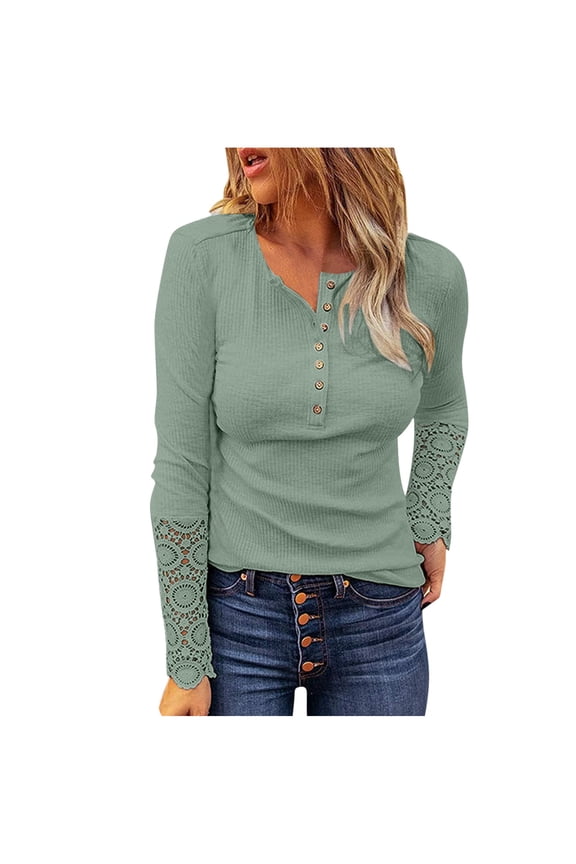 Extra Long Womens T Shirts Tunic Sleeve Button Shirt Front Long Lace V-Neck Shirt Undershirt Buttoned Women's Women's Blouse Womens Plain V Neck Polyester Green S