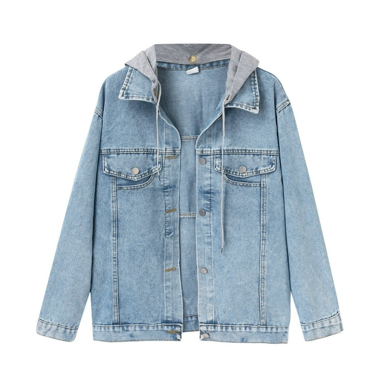JDEFEG Floor Length Denim Jacket Women Warm Vintage Button Distressed Short Denim Jean Jacket Coat with Pocket Denim Jacket for Women Dark Polyester
