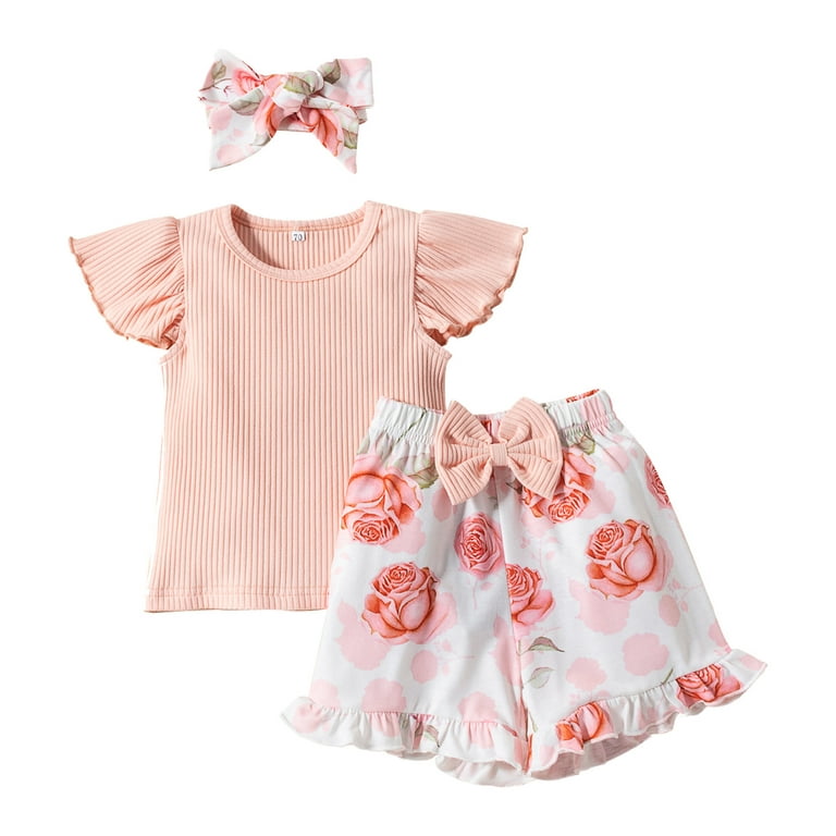 JDEFEG Girl Outfits Size 6X Toddler Kids Girl Clothes Soild Ribbed Ruffle  Sleeve Top Floral Prints Bowknot Pants Shorts Headband 3Pcs Outfit Set  Christmas Outfits Toddler Girls Cotton Blends Pink 90 