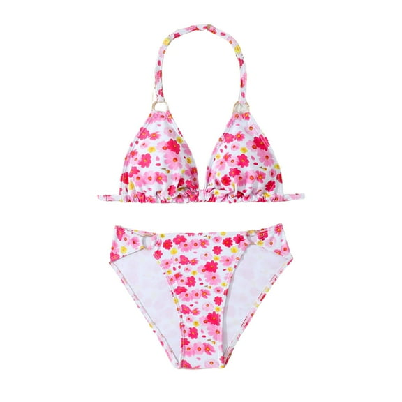JDEFEG Girls Bathing Suit Summer Swimwear Bikini Set Floral Hanging Neck Triangle Bag Tankini Kids Swimsuit Children's Bikini Children's Swimsuit Pink 11-12 Years