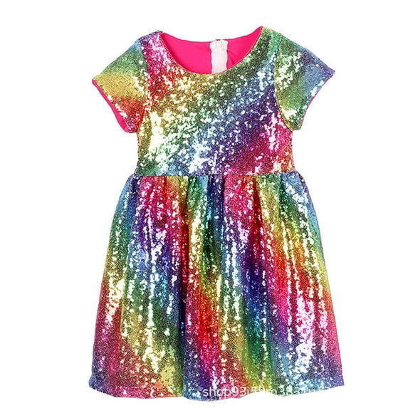 JDEFEG Girls Dresses Casual Swing Dresses for Wedding Party Sequins Dress Children Birthday Party Dresses Hot Summer Kids Dresses Multicolour Size L