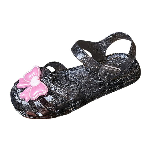 JDEFEG Girls' Sandals Jelly Shoes Comfort Summer Outdoor Casual Beach Shoes with Flower Bowknot Non Slip Walking Shoes Girl Beach Sandals Shoes Black Size 13