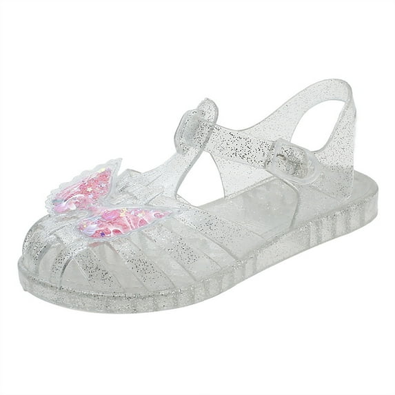 JDEFEG Girls' Sandals Jelly Shoes Party Wedding Cute Toddler Lace Flower Ballet Flat Shoes Flashing Butterfly Sandals Summer Baby Girls Shoes White Size 33