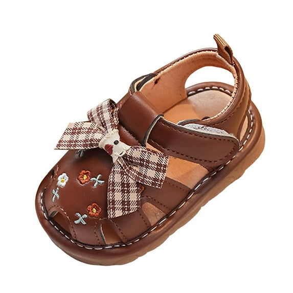 JDEFEG Girls' Sandals Summer Baby Walking Shoes Soft Sole Sandals Non Slip Breathable Toddler Girls Pu Leather Soft Open Toe Summer Sandals Flower Flat Shoes Brown Size 6