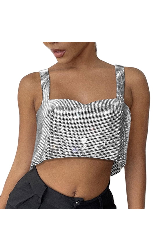 Half Top Women Chain Clothes Beading Tassel Sleeveless Backless Halter Crop Top Club Vintage Tank Tops House 6 Girls Undershirts Polyester Silver One Size