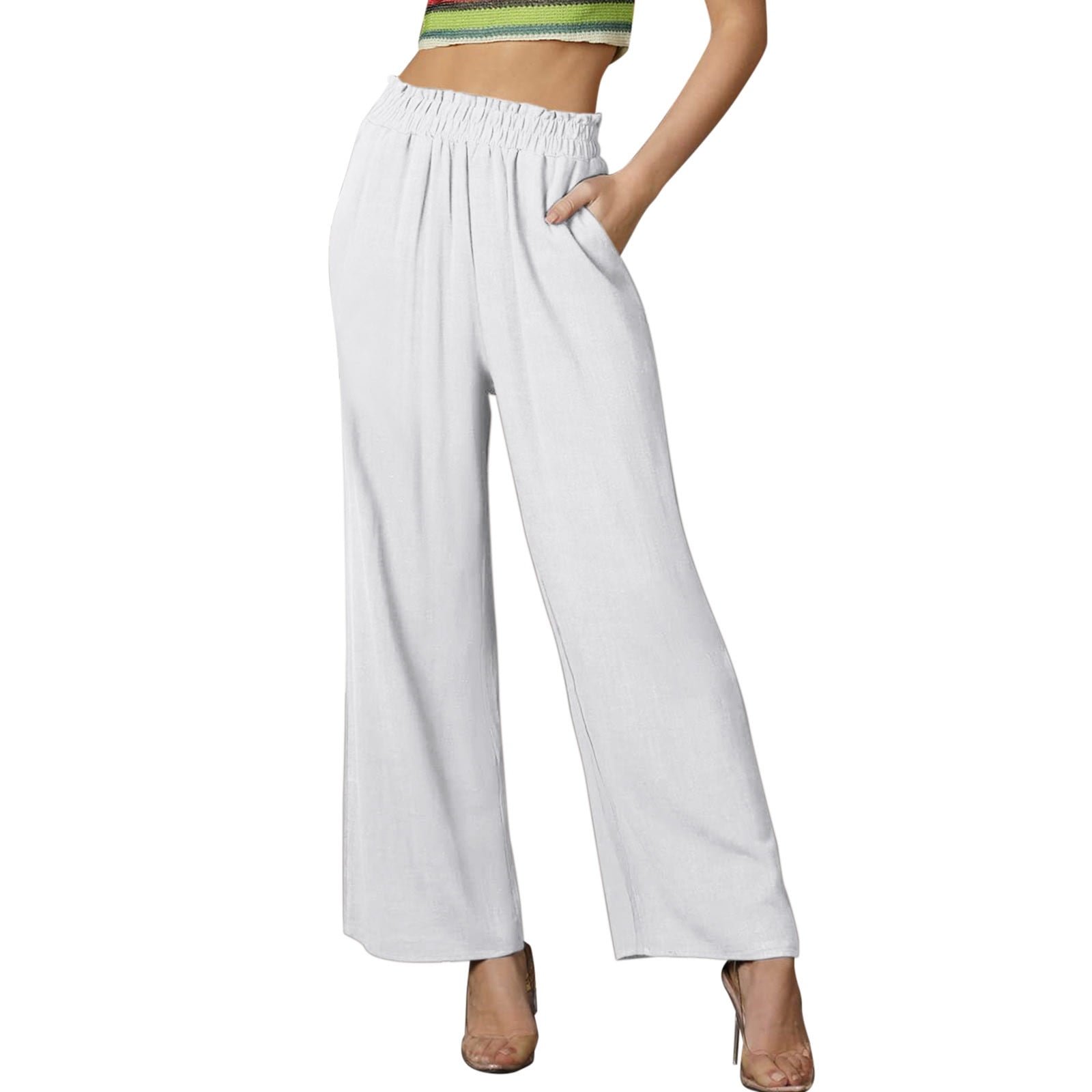 JDEFEG Harem Dress Pants Womens Wide Leg Palazzo Pants High Waisted Lounge  Pant Pleated Loose Fit Smocked Casual Trousers Formal Pants Suits for Women  Plus Size White Size Xl 