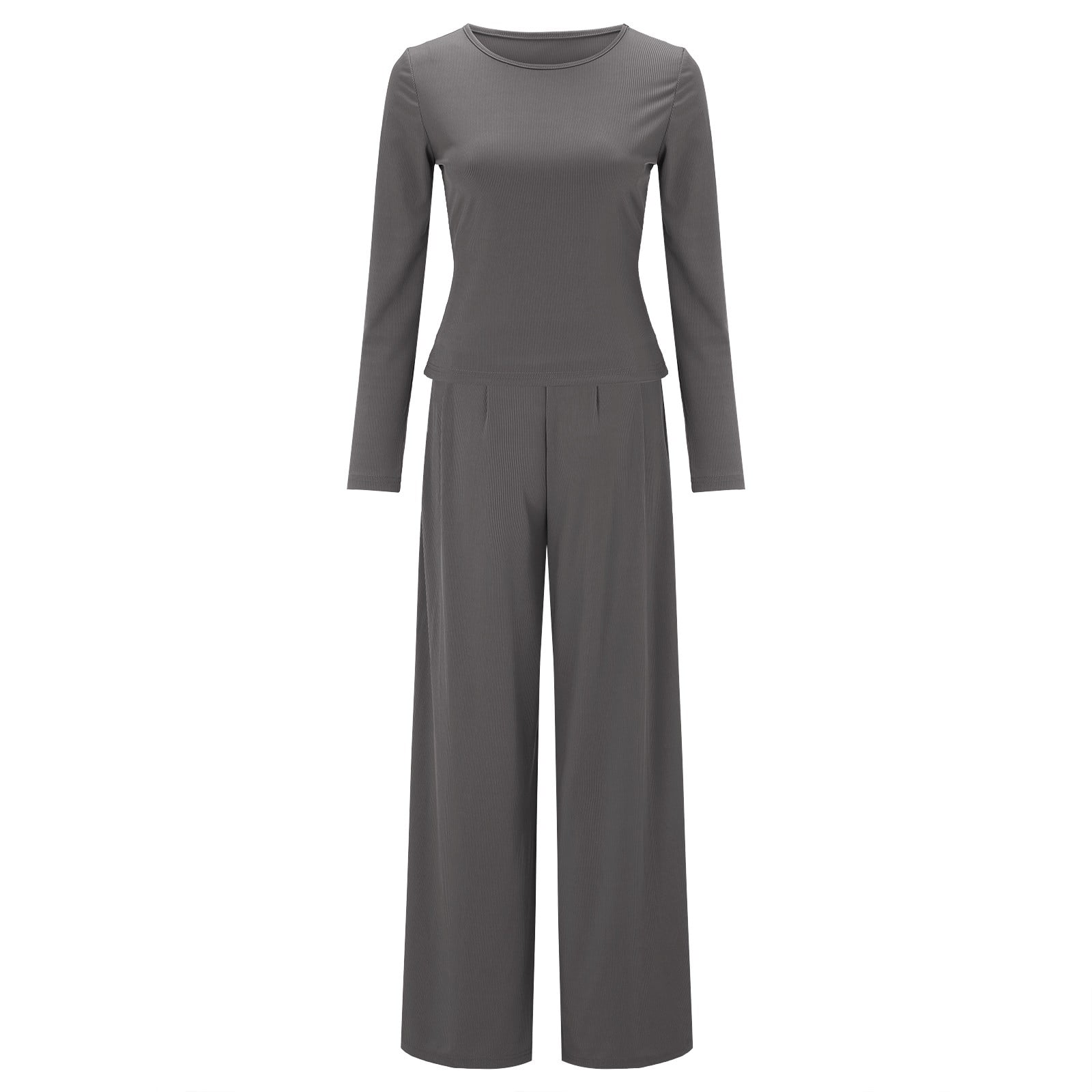 JDEFEG Homecoming Pantsuits for Teens Ladies Long Sleeve Trousers Solid Color Rib Knit Casual Comfortable Home Two Piece Set Trousers Suit Snow Outfit