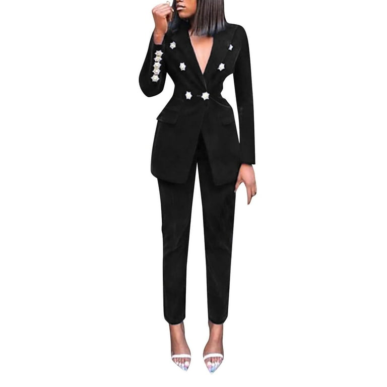 JDEFEG Business Suit Girls Women 2 Piece Outfits Suits Set Long Sleeve  Button Blazer High Waisted Pants Jumpsuit for Business Work Suit Set