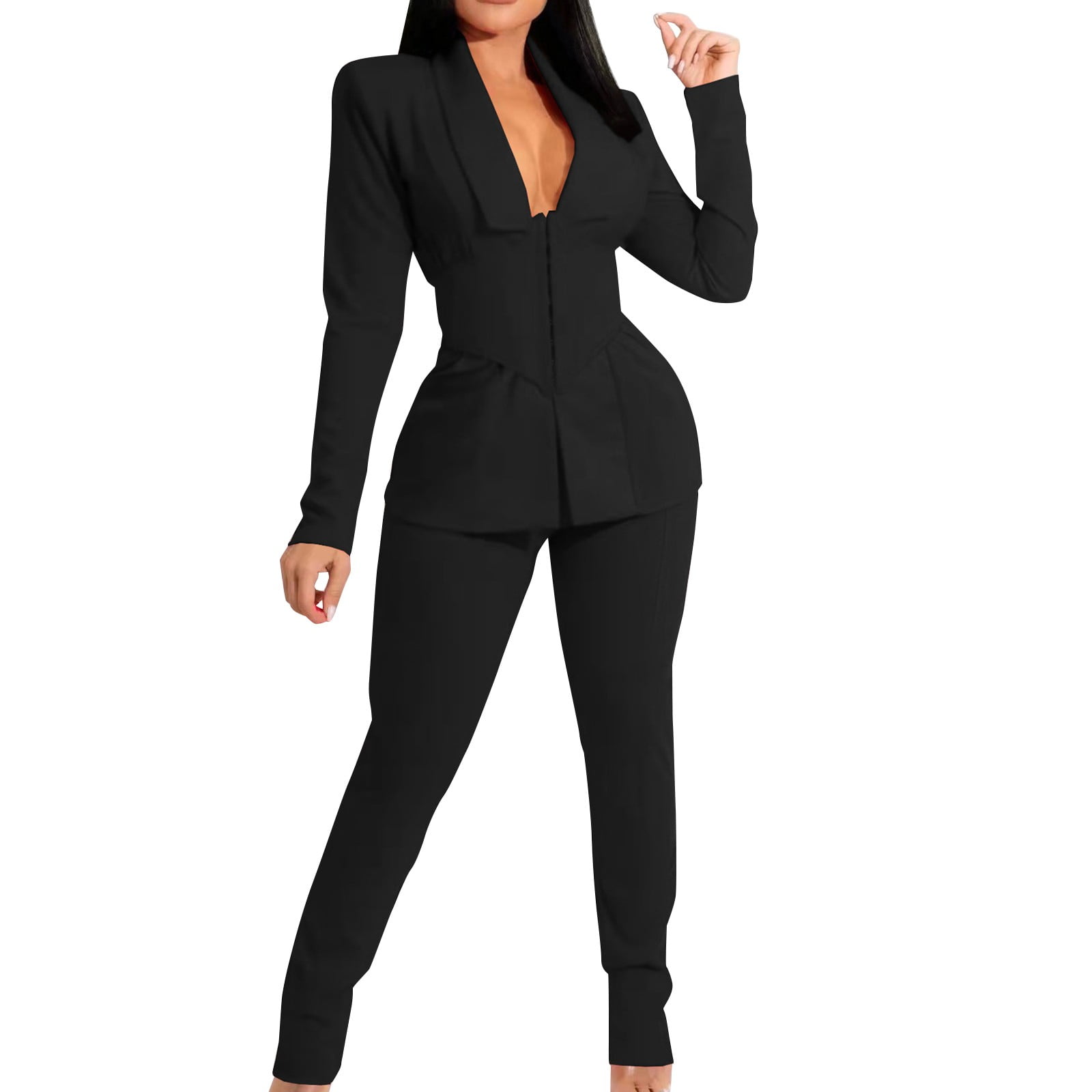 JDEFEG Business Suit Girls Women 2 Piece Outfits Suits Set Long Sleeve  Button Blazer High Waisted Pants Jumpsuit for Business Work Suit Set