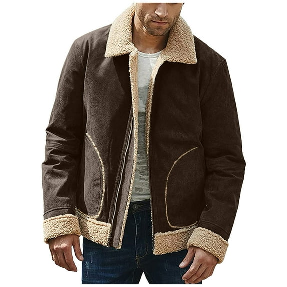 JDEFEG Jackets for Dad Men Plus Size Winter Coat Lapel Collar Long Sleeve Padded Leather Jacket Vintage Thicken Coat Sheepskin Jacket Fringe Coat for Men Brown Xxxl