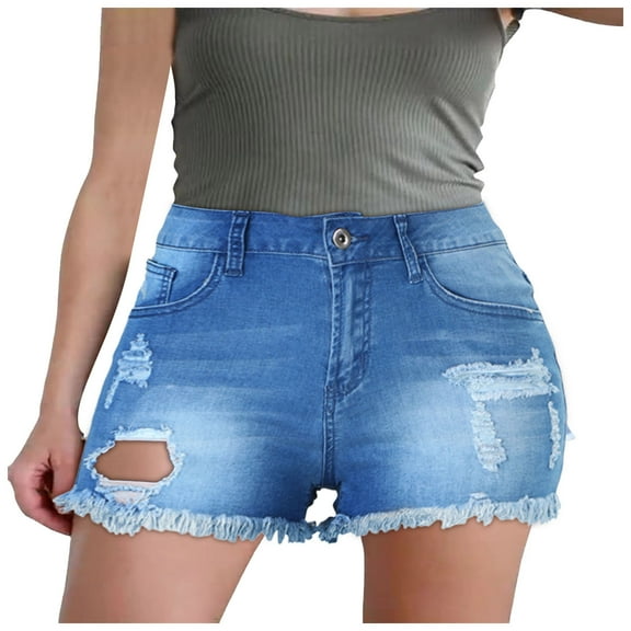 JDEFEG Jean Shorts Womens Skinny Stretchy Denim Shorts Casual Summer Distressed Jeans Ripped Denim Shorts Mid Rise Body Enhancing Distressed Short Jeans Blue Size L