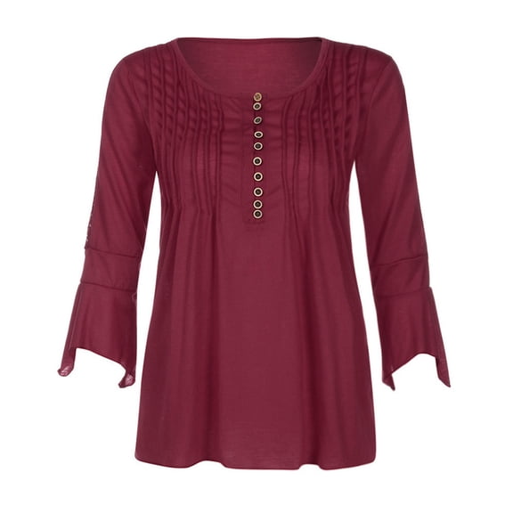 JDEFEG Juniors Tops Women Casual Shirt Blouse Three Quarter Sleeve Shirt Slim V Neck Button Blouses Top Shirt Loose Tee Shirt Blouse Large Women Ployester Red L