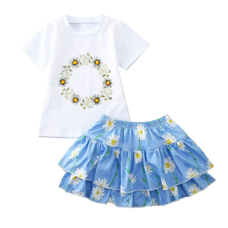 JDEFEG Kids Set Crop Top and Skirt Set for Teens Baby Girl Clothes Tiered  Skirts 2Pc Clothes Set Twin Set Outfit Girls' Pajama Sets Cotton Blend Blue