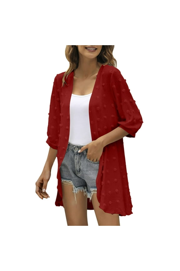 Lightweight Dusters for Women Casual Cardigan Three Quarter Sleeve Open Front Lightweight Dots Cardigan Draped Ruffles Cardigan Womens Split Long Cardigan Chiffon Red M