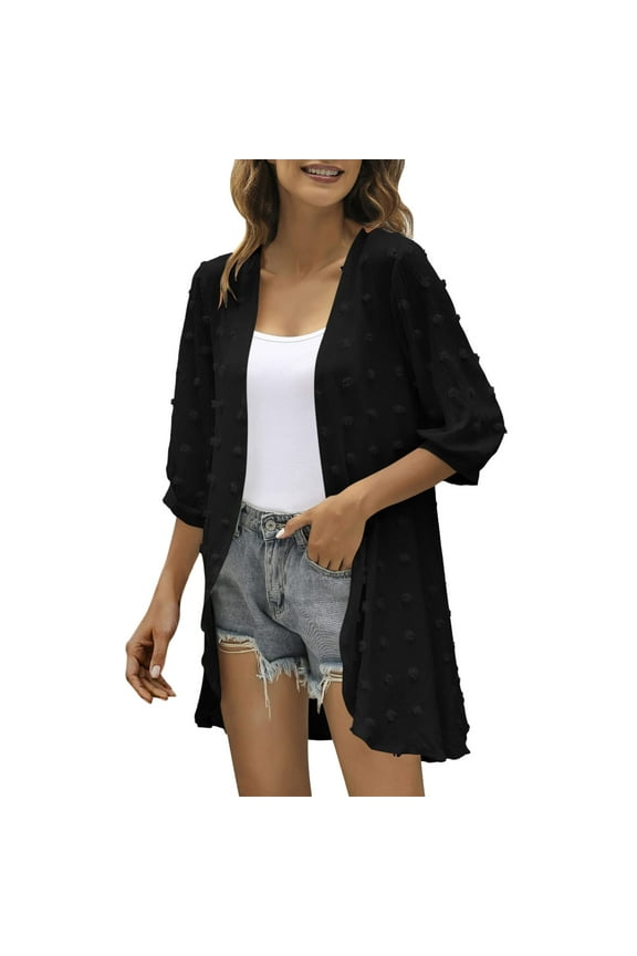 Lightweight Dusters for Women Casual Cardigan Three Quarter Sleeve Open Front Lightweight Dots Cardigan Draped Ruffles Cardigan Womens Split Long Cardigan Chiffon Black Xxl