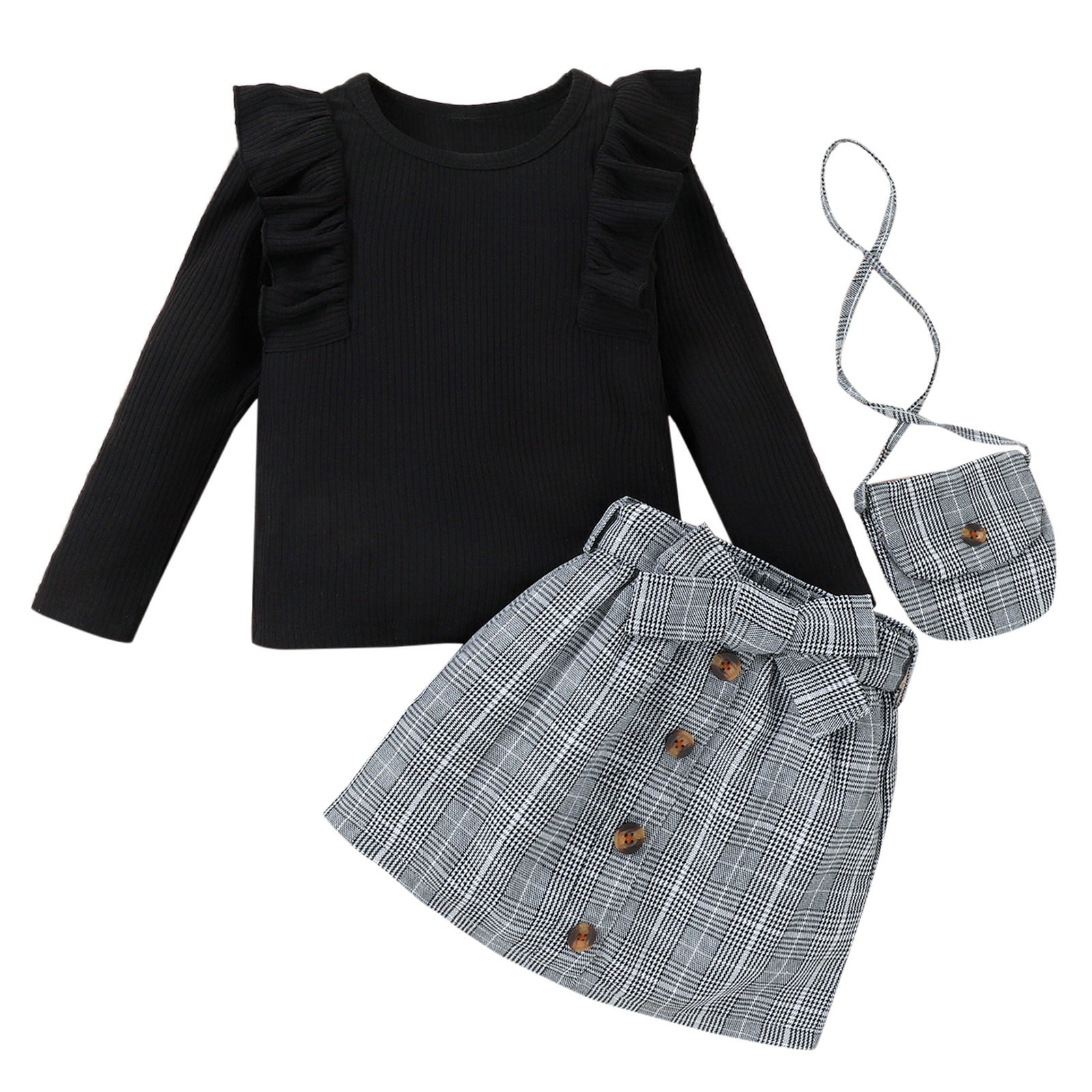 JDEFEG Little Girl Clothes Size 6 Toddler Girls Ruffles Long Sleeve Ribbed  Tops Plaid Prints Skirts Bag Outfits Cute Teen Girls Cotton Blend Black 5Y  