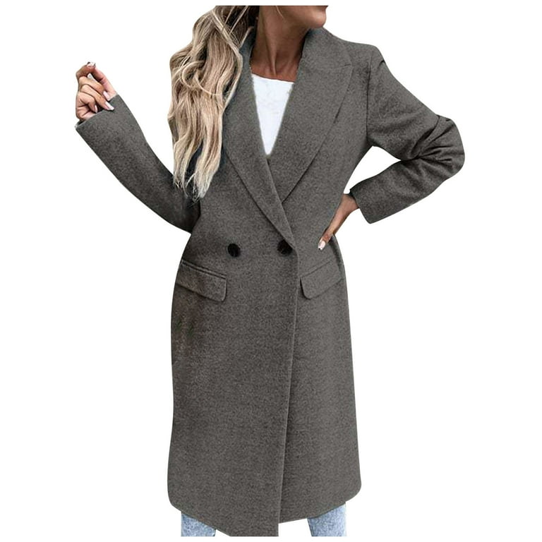 JDEFEG Long Coat For Women Wool Women s 2021 Autumn and Winter Coat Solid Long Sleeve Woolen Coats with Stand Up Collar Elegant Coat Knee Length Dress