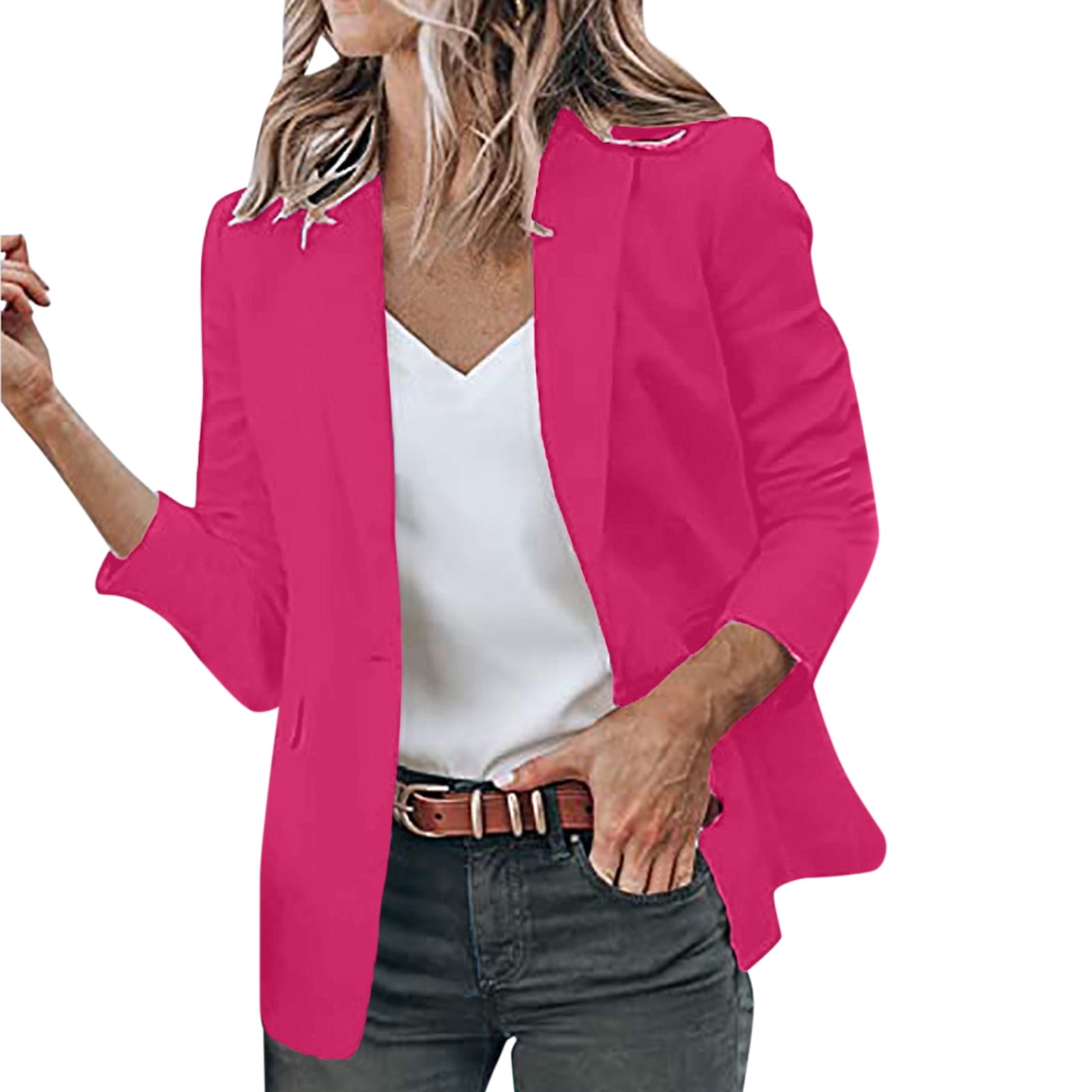 JDEFEG Long Coat Women Ladies Fashion Casual Solid Color Long Sleeve Lapel  Suit Style Small Jacket Tall Wool Coat Women Polyester,Spandex Hot Pink Xxl