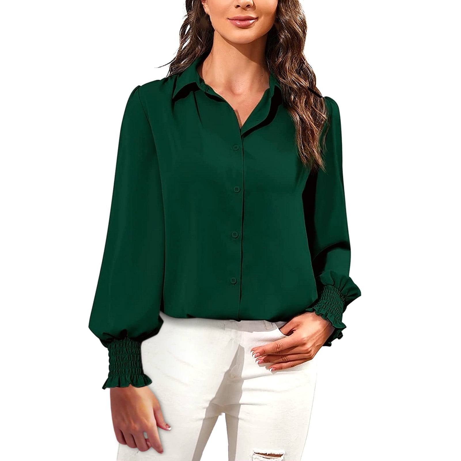 JDEFEG Long Sleeve Cotton Spandex Shirt Womens Lapel Shirts