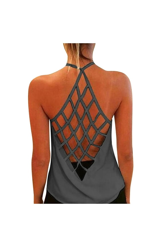 Long Sleeve Shirt Women Crop Top Solid Summer Printed Strap Backless Color Women's Sleeveless Tank Fashion Women's Blouse Compression Cropped Top Polyester Dark Gray M